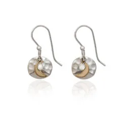Silver Forest Crescent Moon On Hammered Disc Mixed Metal Drop Earrings