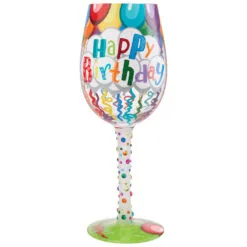 Lolita Happy Birthday Balloons And Streamers Handpainted Wine Glass, 15 Oz.