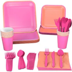 Hallmark Color Pop 96-Piece Tableware Basics Party Kit, Pink And Orange